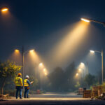 A photograph of a well-lit outdoor scene featuring a variety of light poles in different styles and designs