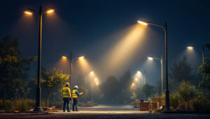 A photograph of a well-lit outdoor scene featuring a variety of light poles in different styles and designs