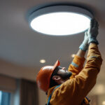 A photograph of capture a photograph of a lighting contractor skillfully installing a wafer can light in a modern ceiling