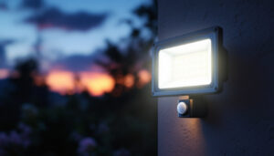 A photograph of a solar flood light with a motion sensor installed in a garden setting at dusk