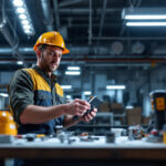 A photograph of a lighting contractor demonstrating the process of bypassing a ballast in a commercial lighting fixture