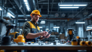 A photograph of a lighting contractor demonstrating the process of bypassing a ballast in a commercial lighting fixture