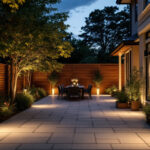A photograph of a well-lit outdoor space featuring various types of outdoor lighting fixtures