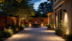 A photograph of a well-lit outdoor space featuring various types of outdoor lighting fixtures