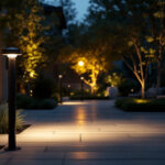 A photograph of a beautifully illuminated outdoor area featuring a movement sensor light in action