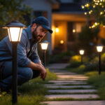 A photograph of a well-lit backyard scene featuring stylish solar lamps illuminating pathways and garden areas