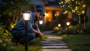 A photograph of a well-lit backyard scene featuring stylish solar lamps illuminating pathways and garden areas