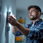 A photograph of a lighting contractor installing or adjusting a lighting sensor in a residential or commercial setting