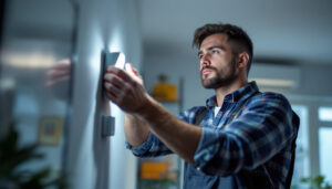 A photograph of a lighting contractor installing or adjusting a lighting sensor in a residential or commercial setting
