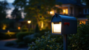 A photograph of a beautifully illuminated mailbox at dusk