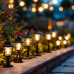A photograph of a beautifully arranged outdoor scene featuring various styles of lamp solar lights illuminating a garden or patio at dusk