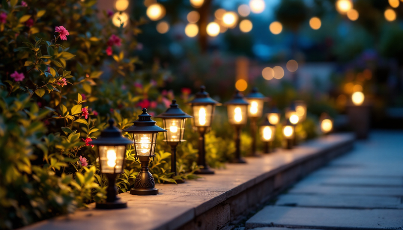 A photograph of a beautifully arranged outdoor scene featuring various styles of lamp solar lights illuminating a garden or patio at dusk