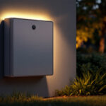 A photograph of a stylish outdoor electricity box cover installed in a garden setting