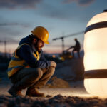 A photograph of a brightly lit inflatable solar lamp in a construction or outdoor setting
