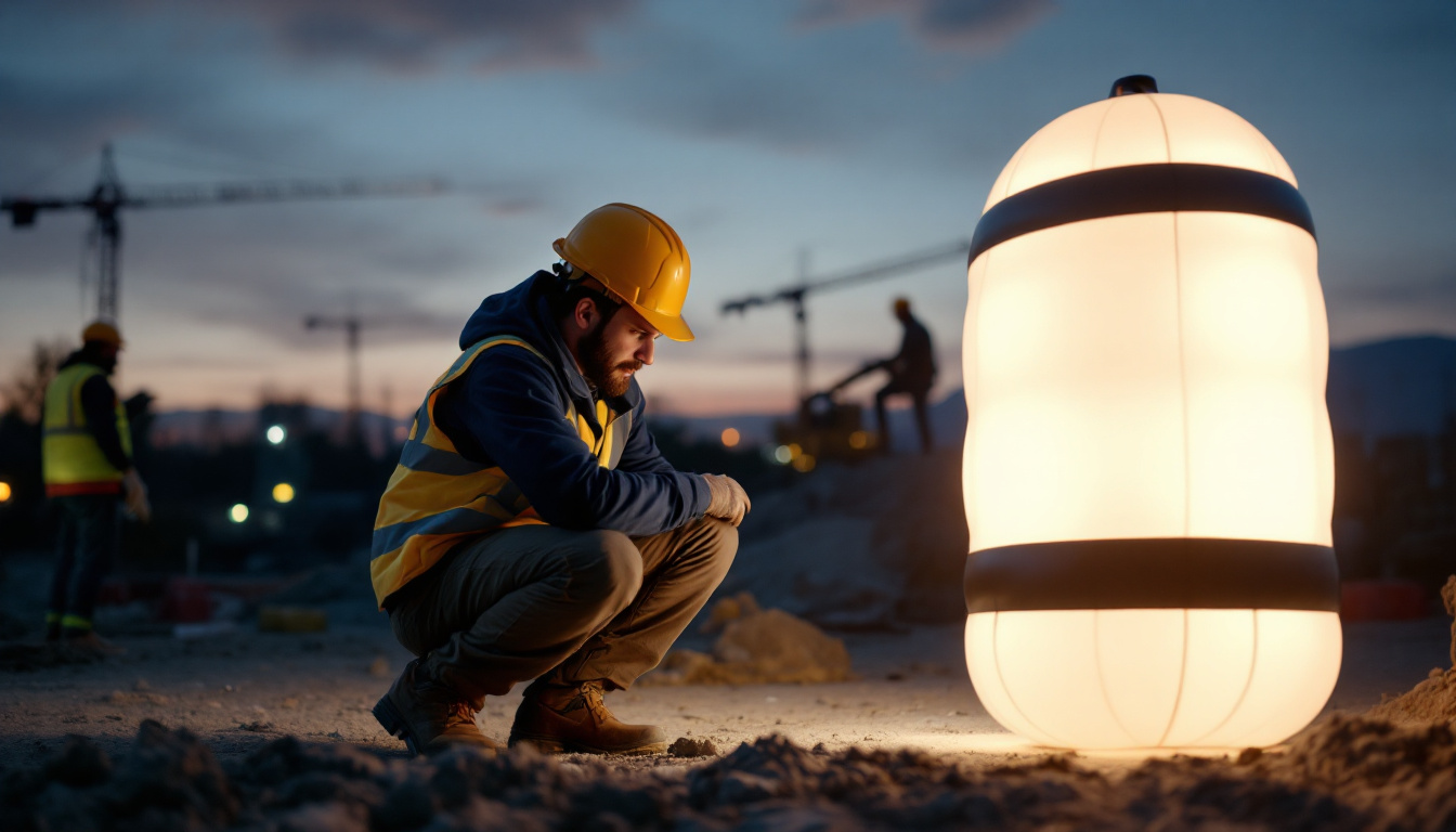 A photograph of a brightly lit inflatable solar lamp in a construction or outdoor setting