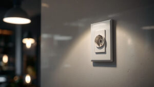 A photograph of a commercial-grade outlet installed in a well-lit environment