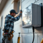 A photograph of a lighting contractor installing a large exterior mountable box on a residential or commercial building