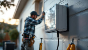 A photograph of a lighting contractor installing a large exterior mountable box on a residential or commercial building