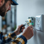 A photograph of a skilled electrician installing or inspecting smart outlet receptacles in a modern home setting