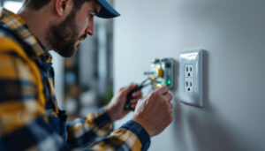 A photograph of a skilled electrician installing or inspecting smart outlet receptacles in a modern home setting