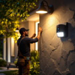 A photograph of a lighting contractor installing led motion lights in an outdoor setting