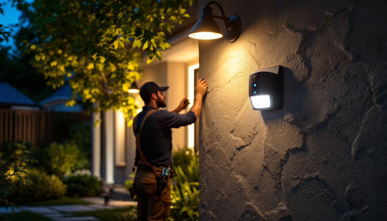 A photograph of a lighting contractor installing led motion lights in an outdoor setting
