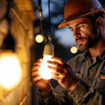A photograph of a lighting contractor installing or examining a dusk to dawn type g bulb in an outdoor setting