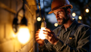 A photograph of a lighting contractor installing or examining a dusk to dawn type g bulb in an outdoor setting