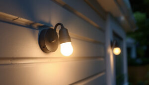A photograph of a lighting contractor installing a 40 watts type g outdoor bulb in a residential or commercial setting