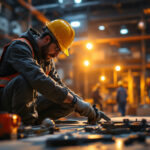 A photograph of a lighting contractor working diligently on a project