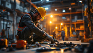 A photograph of a lighting contractor working diligently on a project