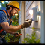 A photograph of a lighting contractor installing or adjusting motion and light sensors in a residential or commercial setting