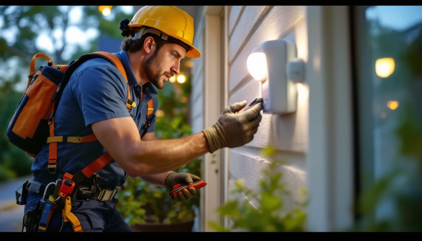 A photograph of a lighting contractor installing or adjusting motion and light sensors in a residential or commercial setting