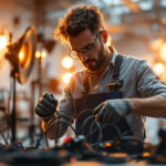 A photograph of a skilled lighting contractor expertly working with various types of cables and lighting fixtures in a well-lit environment