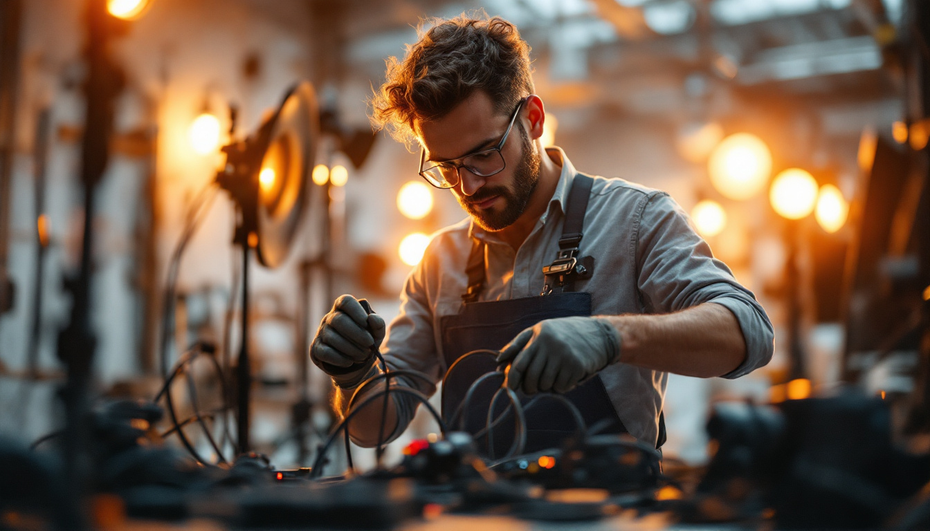 A photograph of a skilled lighting contractor expertly working with various types of cables and lighting fixtures in a well-lit environment