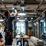 A photograph of a lighting contractor expertly installing energy-efficient led fixtures in a modern commercial space