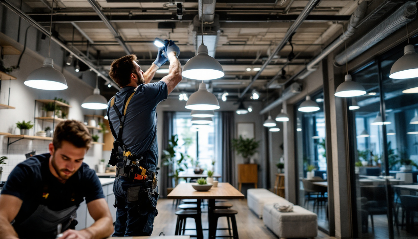 A photograph of a lighting contractor expertly installing energy-efficient led fixtures in a modern commercial space