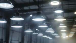 A photograph of a well-lit industrial space showcasing various high bay light fixtures in action