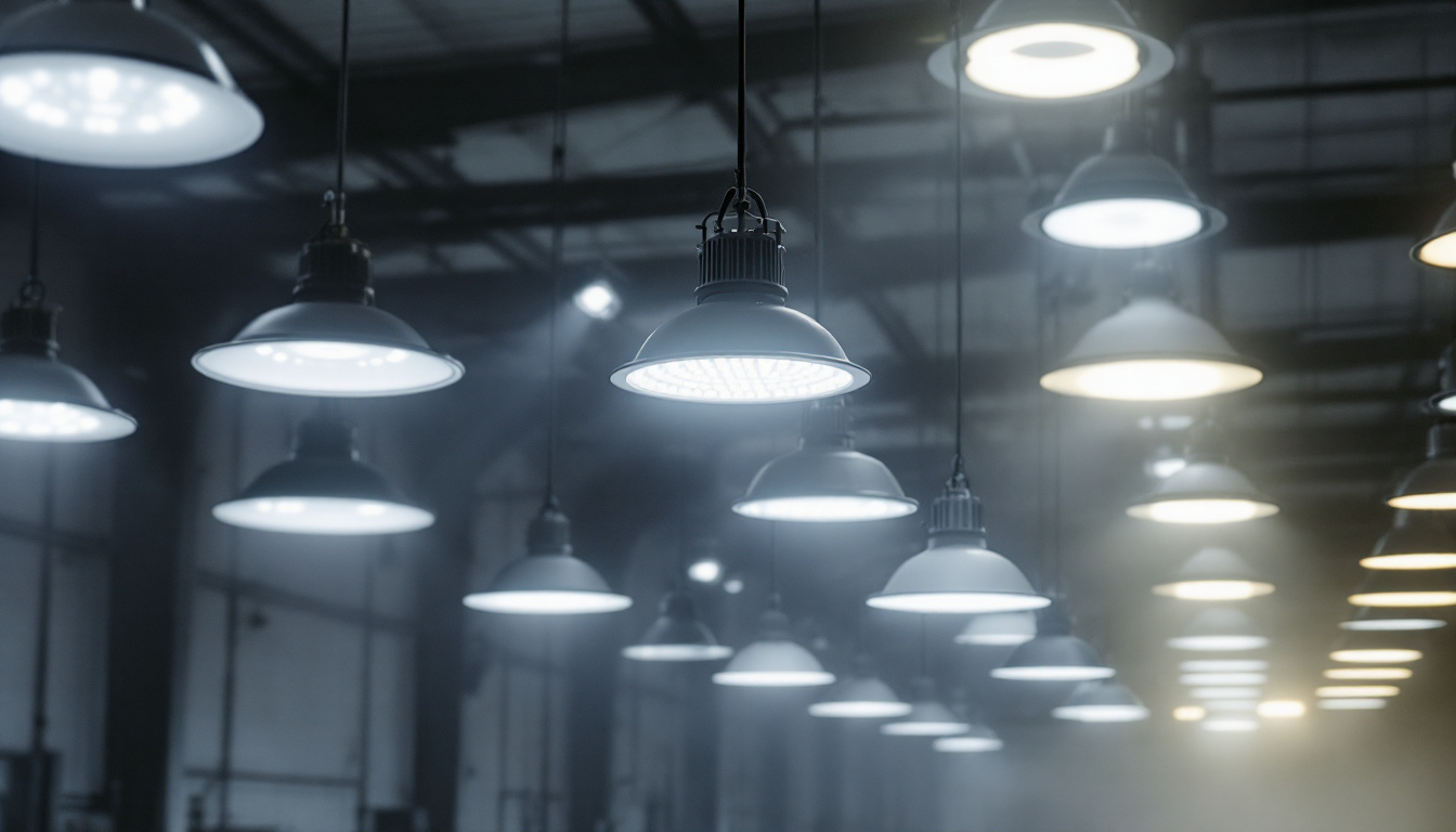 A photograph of a well-lit industrial space showcasing various high bay light fixtures in action