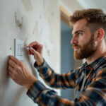 A photograph of a lighting contractor installing a light switch with a timer in a residential setting