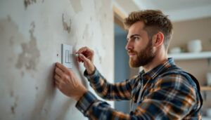 A photograph of a lighting contractor installing a light switch with a timer in a residential setting