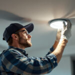 A photograph of a lighting contractor installing a 6-inch led recessed light in a modern ceiling