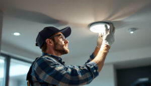 A photograph of a lighting contractor installing a 6-inch led recessed light in a modern ceiling