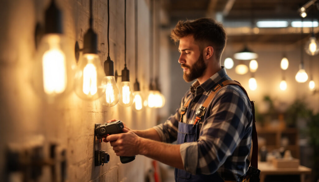 A photograph of a lighting contractor installing retro fit led lights in a commercial space