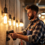 A photograph of a lighting contractor installing retro fit led lights in a commercial space