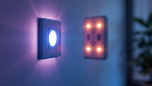 A photograph of a skilled lighting contractor installing a sleek smart lighting system in a modern home