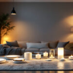 A photograph of a beautifully arranged setup showcasing various conversion light kits for recessed lighting installed in a modern home environment