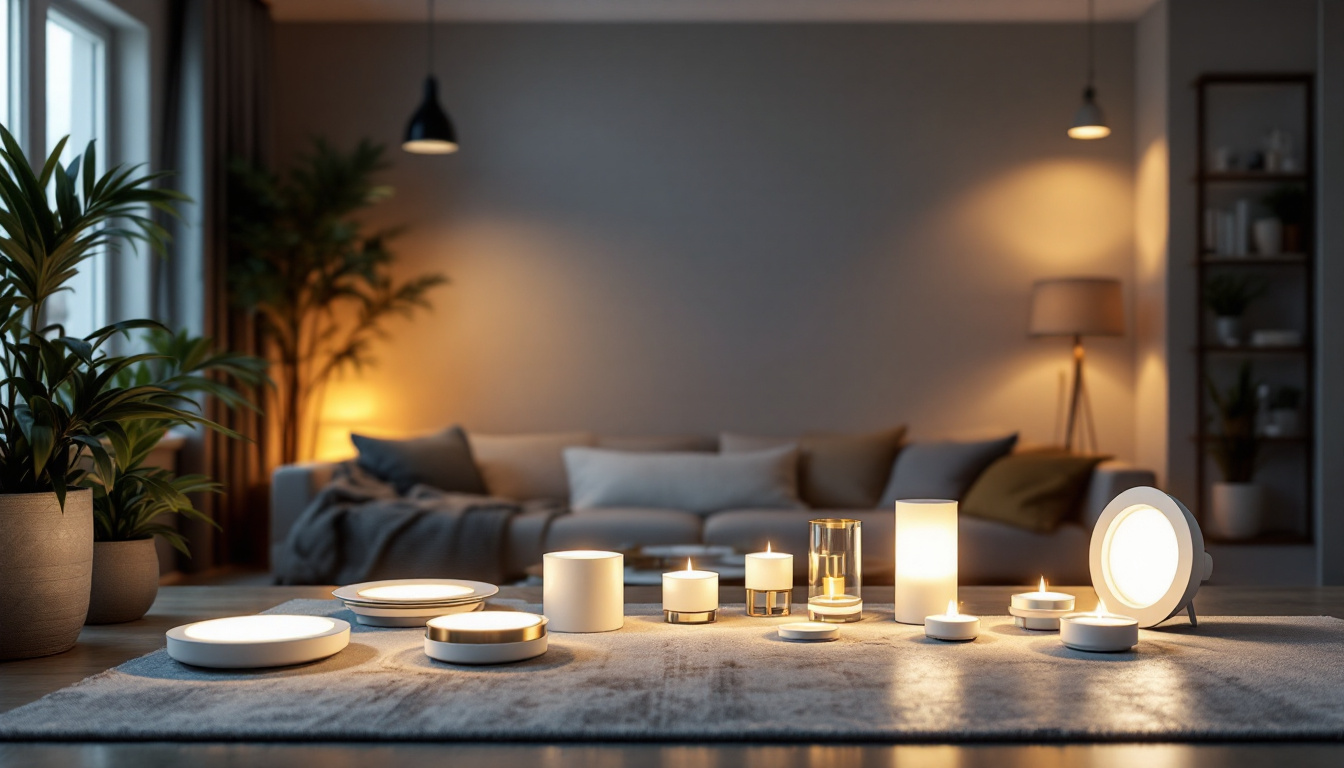 A photograph of a beautifully arranged setup showcasing various conversion light kits for recessed lighting installed in a modern home environment