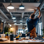 A photograph of a lighting contractor installing energy-efficient ceiling lights in a modern office space