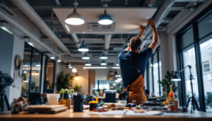 A photograph of a lighting contractor installing energy-efficient ceiling lights in a modern office space